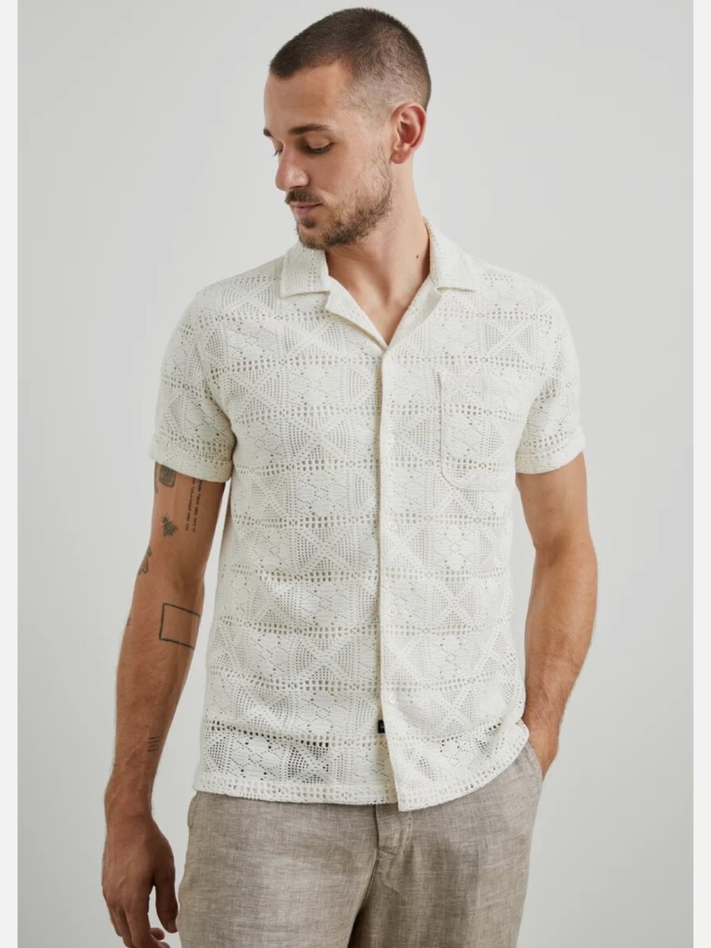 Rails White Short-Sleeve Crochet Button-Down Shirt